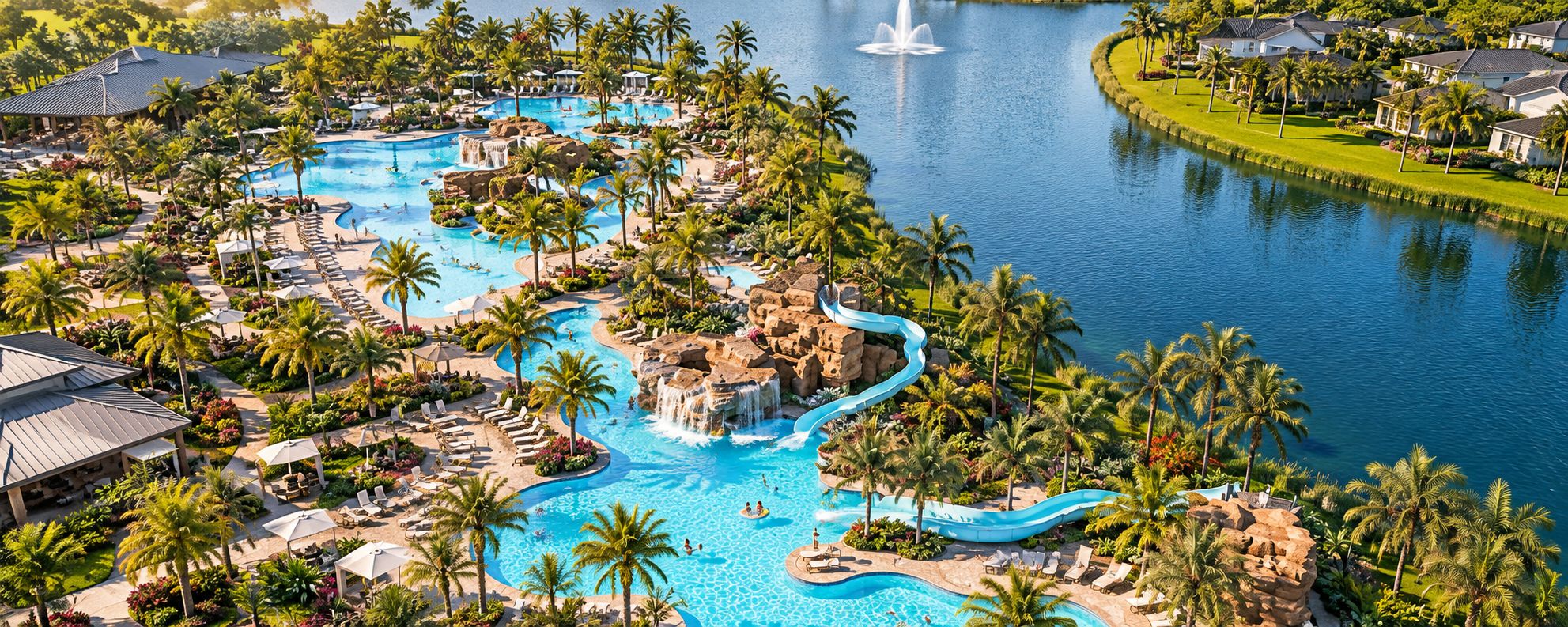 Artist's rendering of a lakeside resort-style pool with waterfalls and water slides in Estero, Florida